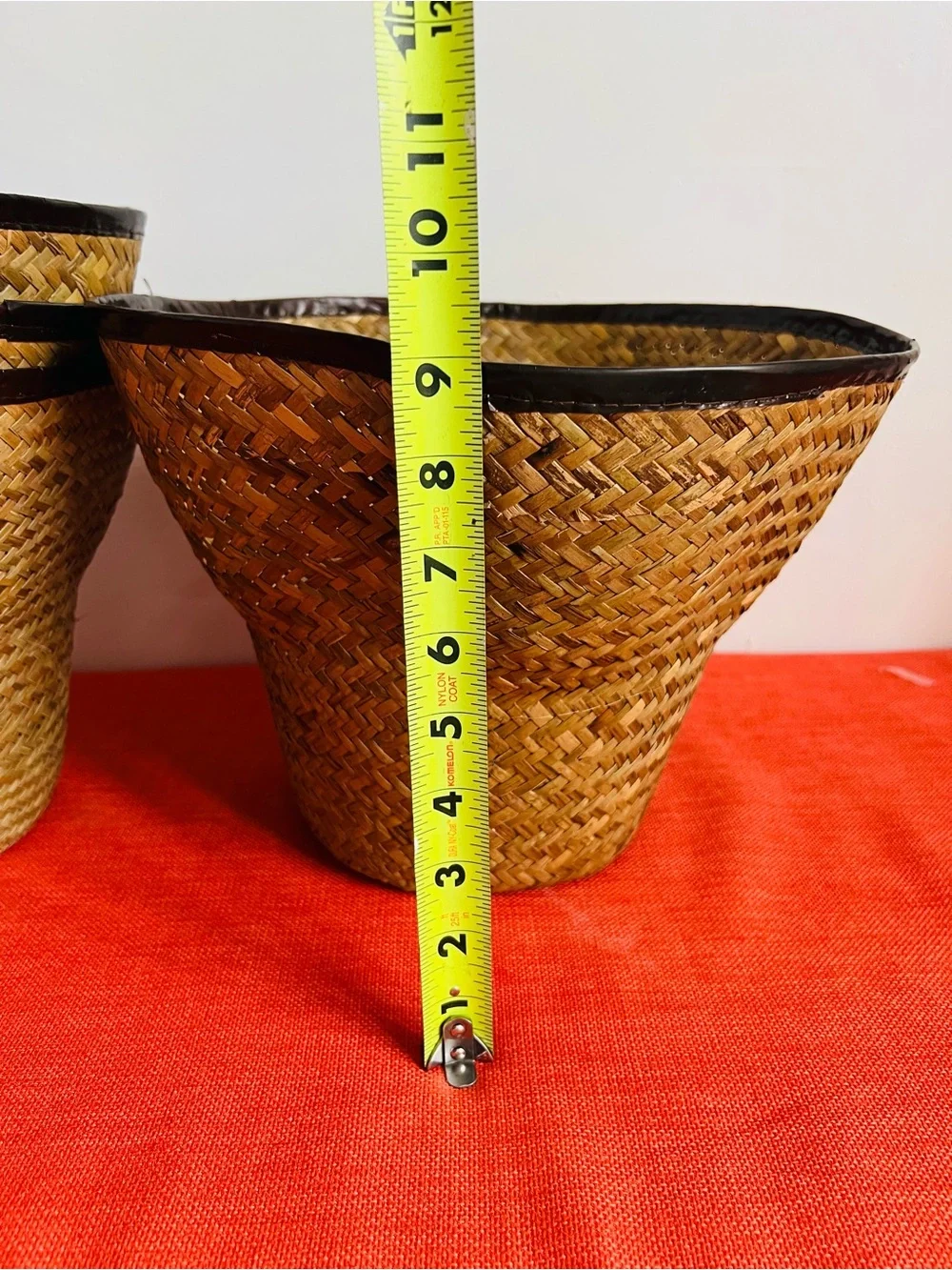 Natural Straw Storage Baskets with Dark Brown Trim